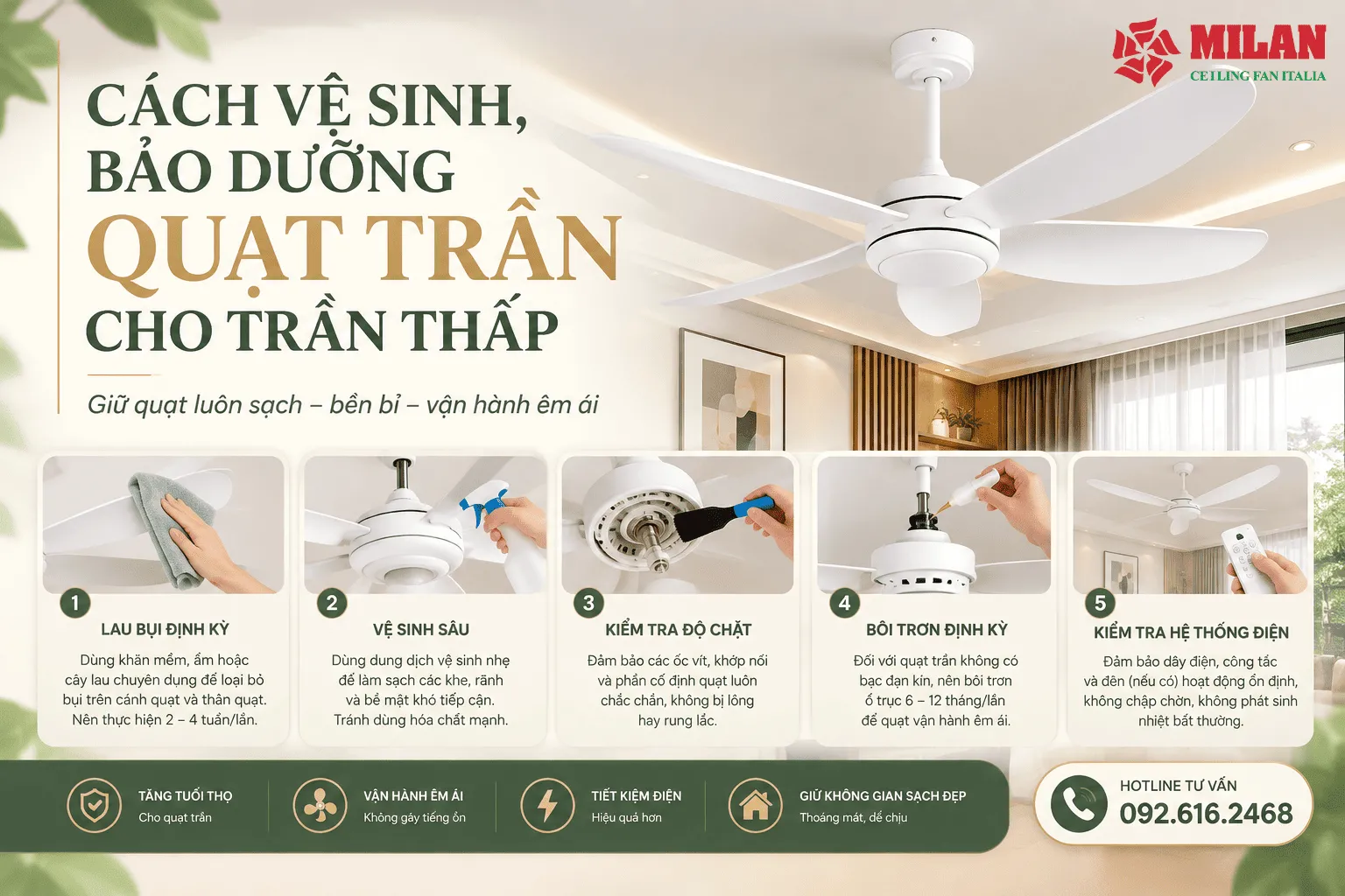 Cách Vệ Sinh, Bảo Dưỡng Quạt Trần Cho Trần Thấp